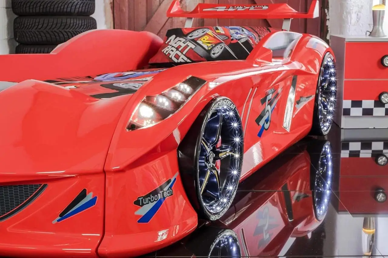 Ліжко машина MUSVENUS Jaguar Speedy boy Red MAXI - підсвічування фар, коліс, дна, звук, пульт